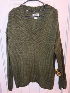 Victoria's Secret PINK | 
Olive Green Oversized V-Neck Chunky Knit Sweater